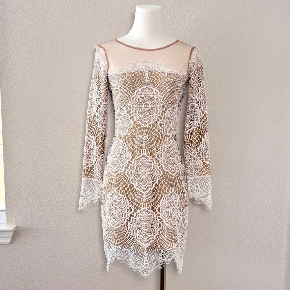 For Love & Lemons Grace Bridal Ivory Lace Mini Dress XS Nude Mesh Long Sleeve - Picture 8 of 16
